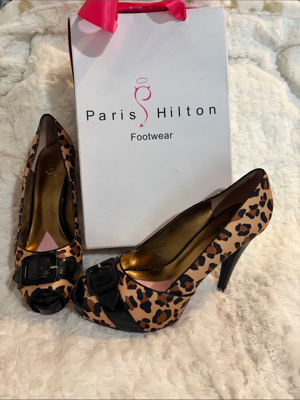Paris Hilton Leopard Print Peep-Toe Heels - Tan/Black